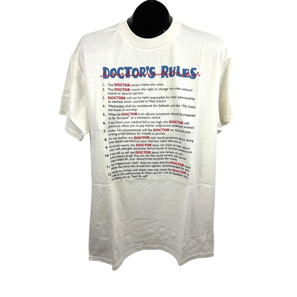 Vintage 1990's White Tee -‎ Doctor's Rules Humor LARGE New T-Shirt Men's